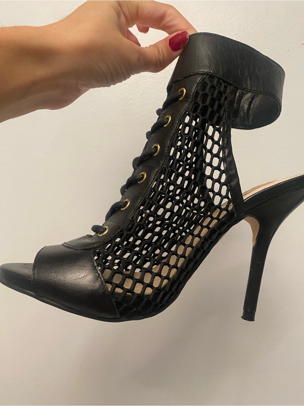 GUESS Black Mesh Lace-Up Stiletto Heel Sandal